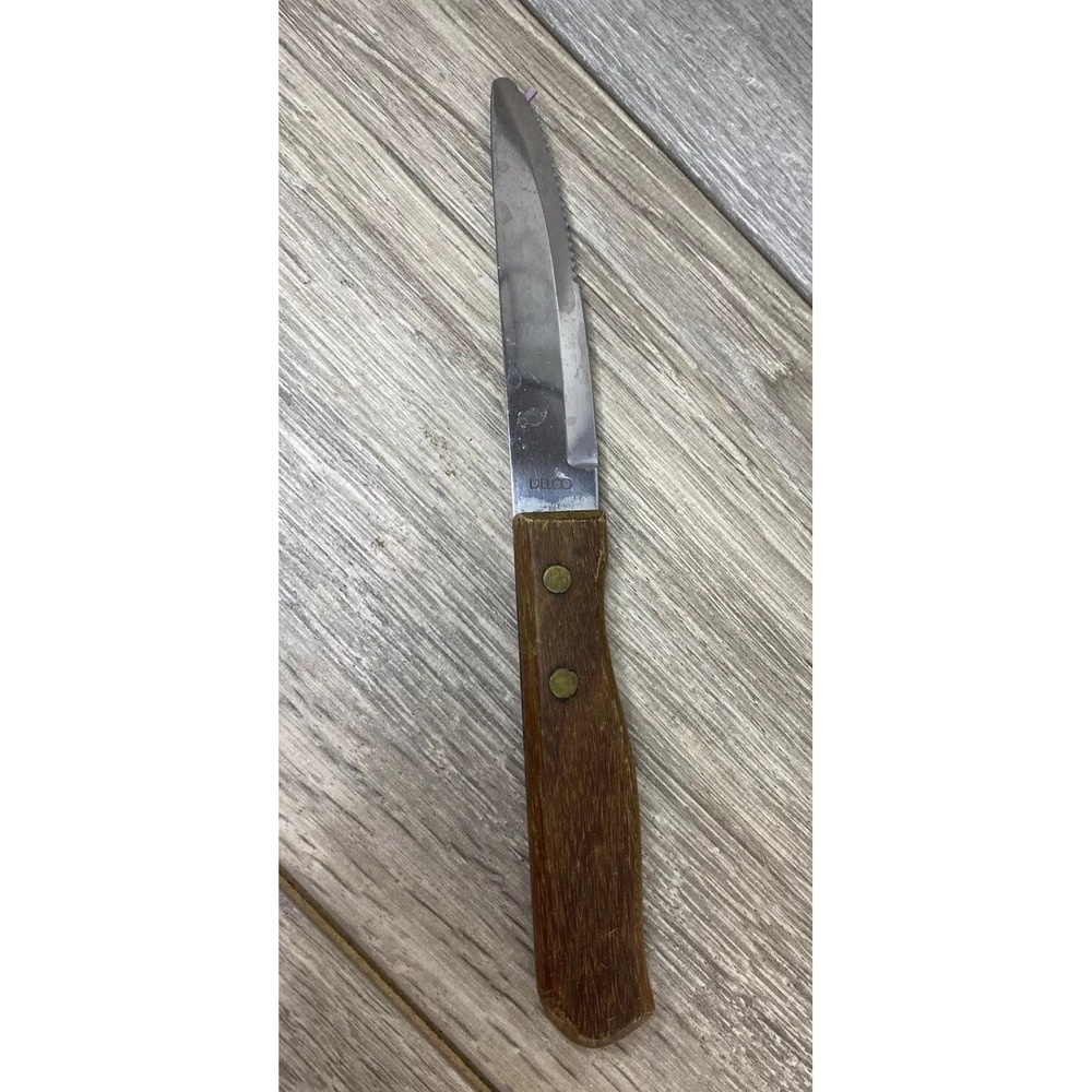 Delco Steak Knife Vintage‎ Serrated Stainless Steel Wood Handle 8.25 Inch Brass
